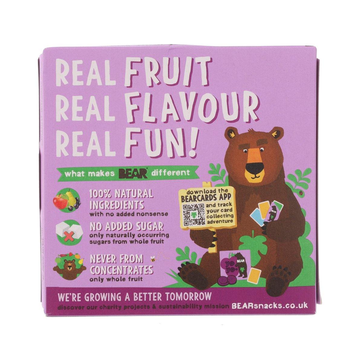 Purple snack box back with bear branding and real fruit flavour text