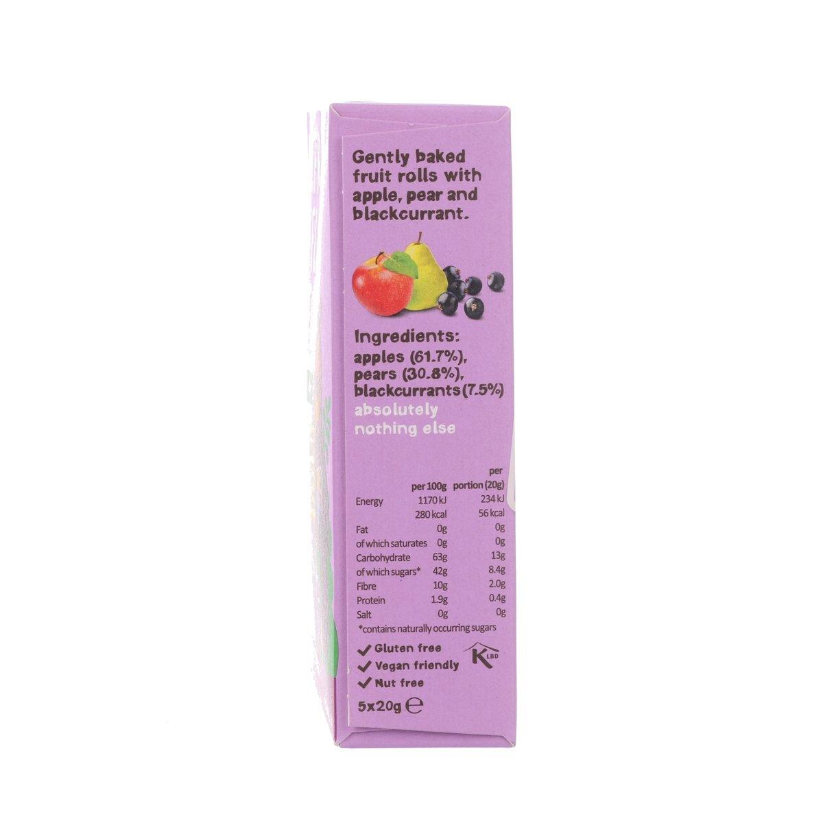 Purple carton side with ingredients and nutrition facts for blackcurrant fruit rolls