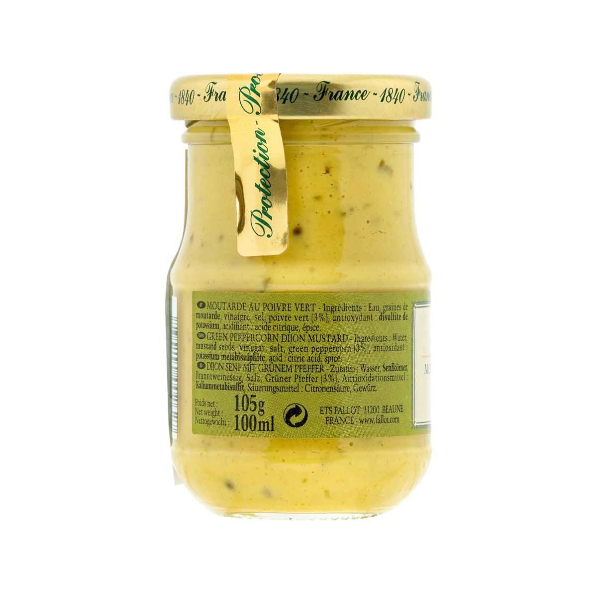 Green peppercorn Dijon mustard jar, back label with ingredients, 105 g