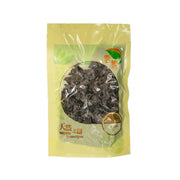 Wood ear mushroom package with dark dried fungi pieces in a clear center window