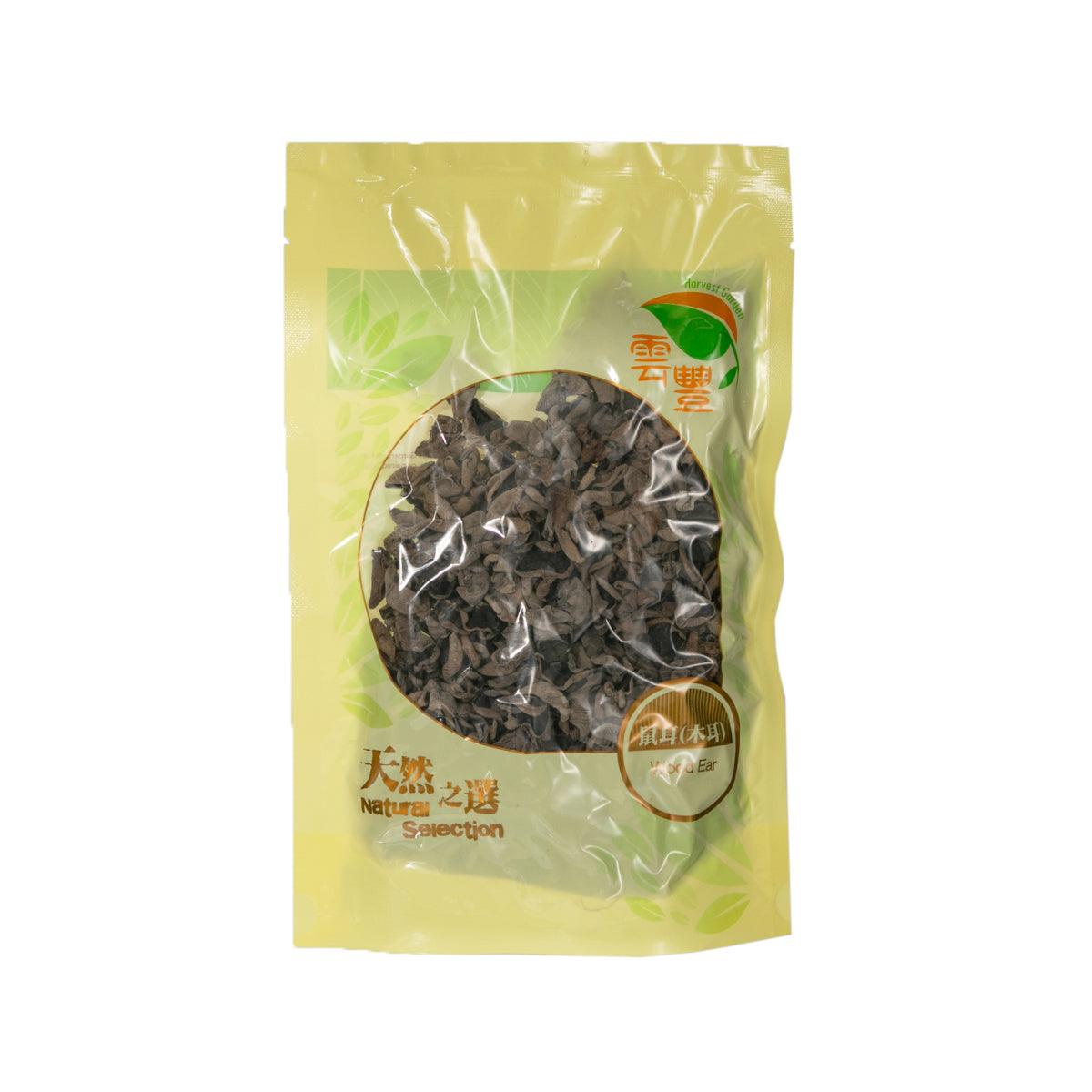 Wood ear mushroom package with dark dried fungi pieces in a clear center window
