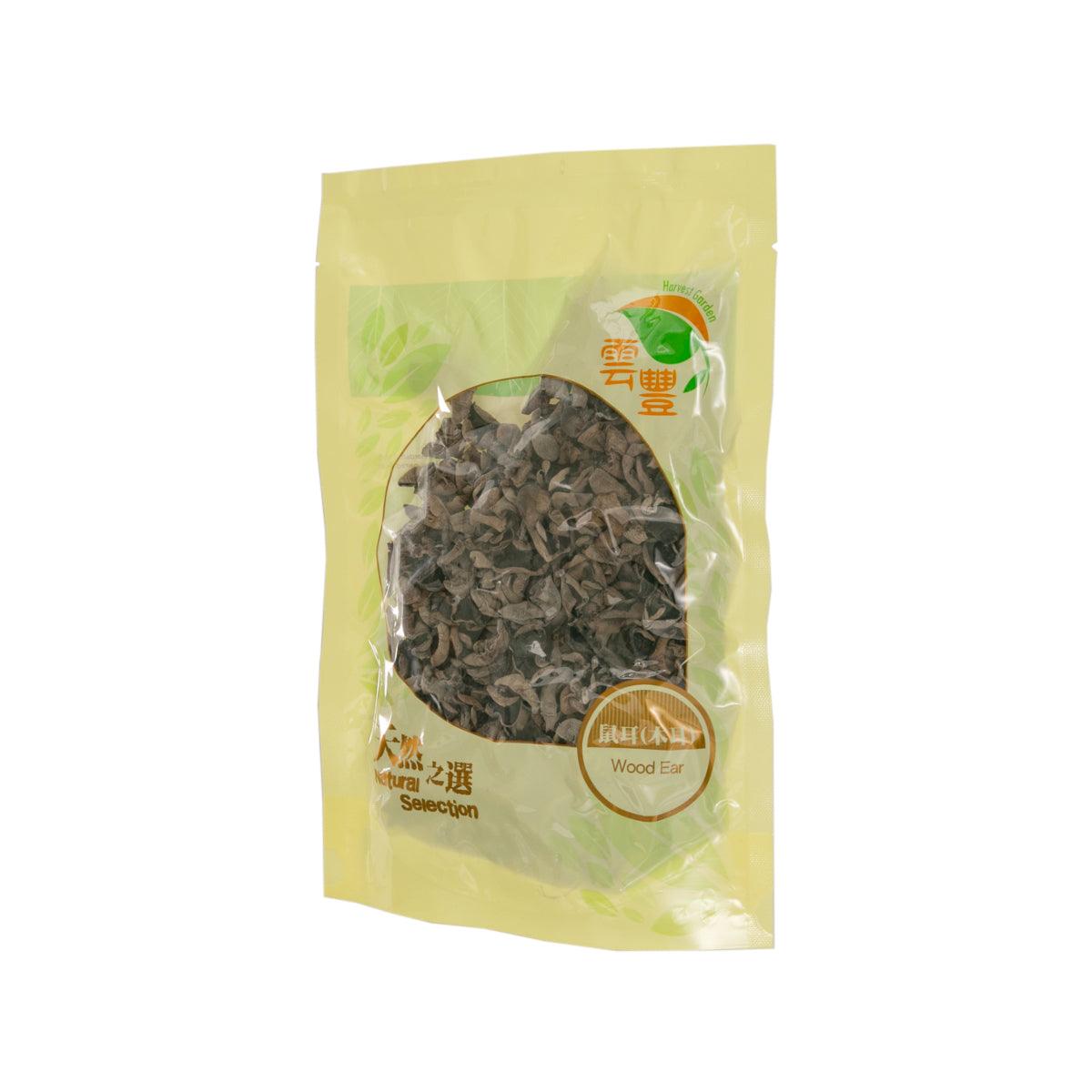 Wood ear mushroom pouch with dark dried pieces sealed in a glossy yellow bag