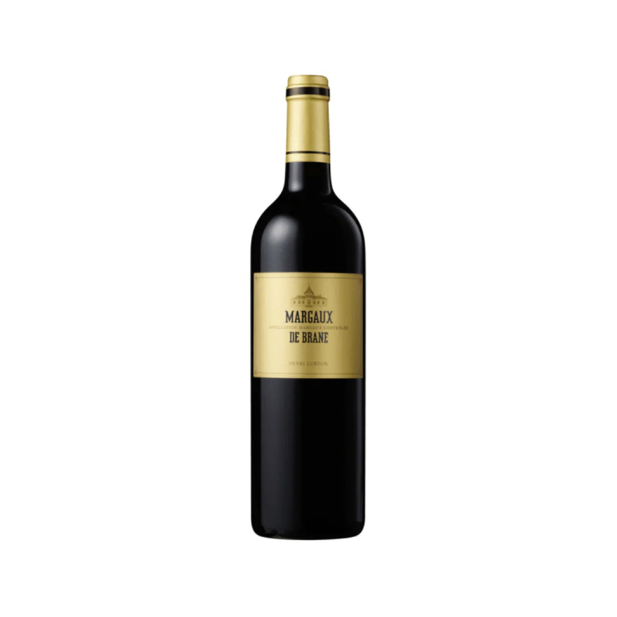 Wine bottle with dark glass, gold cap, and cream label