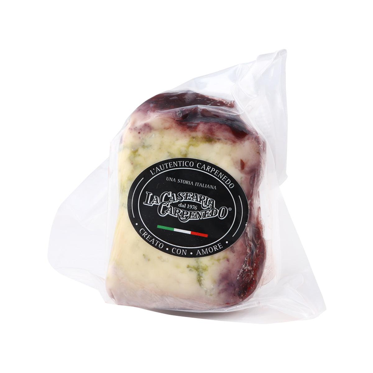 Blue cheese wheel in clear wrapper with red-blue rind, LA CASEARIA CARPENEDO SRL