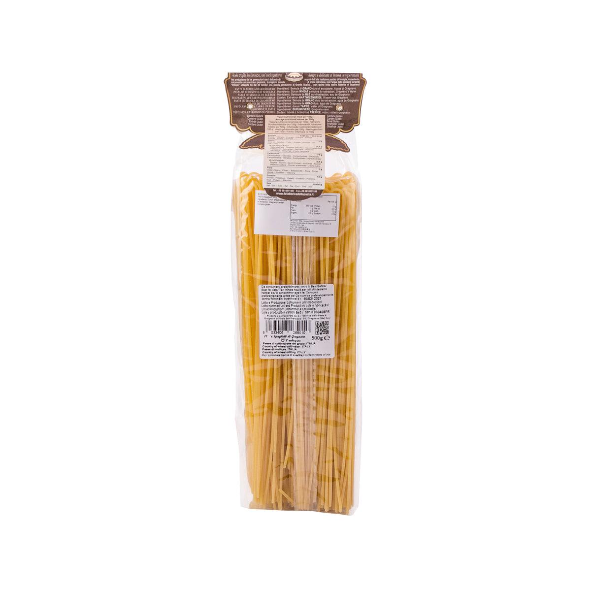 Artisanal spaghetti 500g bag with back label and barcode
