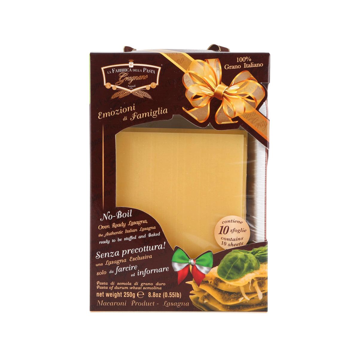 Lasagnetta pasta box front with ribbon bow and lasagna artwork, 250g