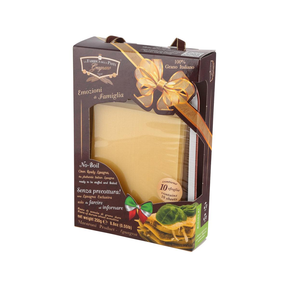 Lasagnetta pasta box front view with ribbon bow and lasagna image, 250g