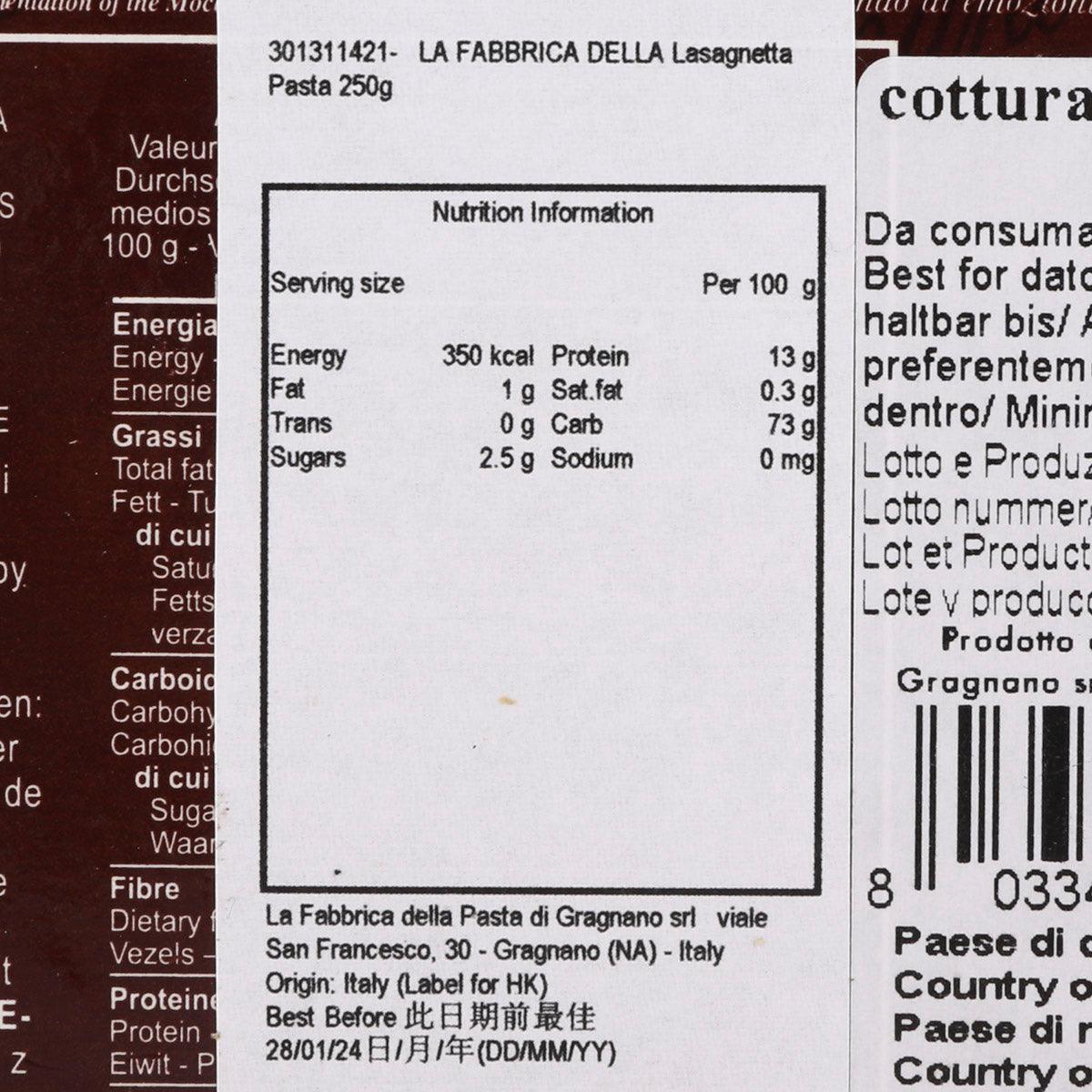 Lasagnetta pasta box nutrition information panel with serving size, 250g