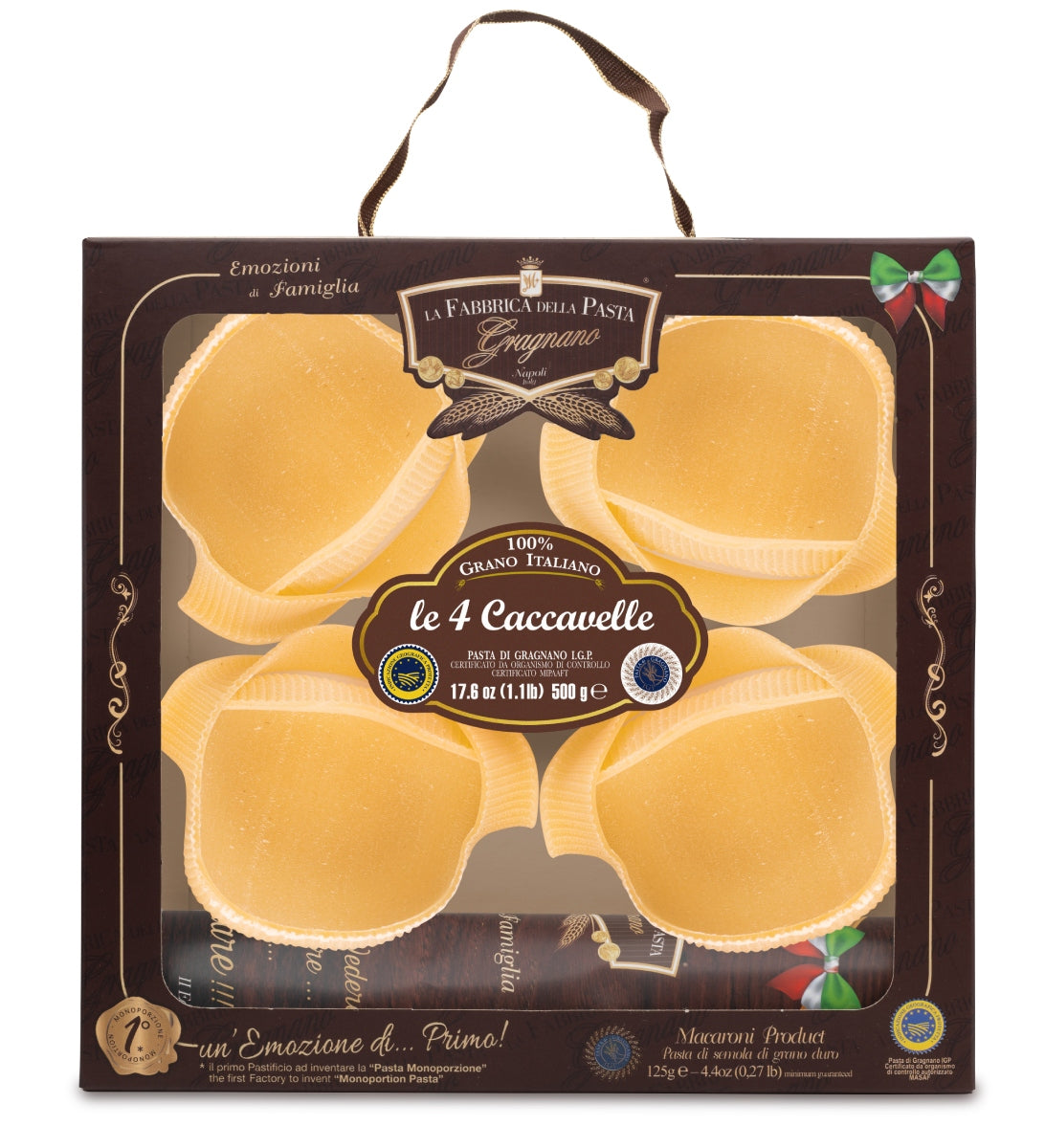 Artisanal caccavella pasta package with four golden shell-shaped pieces
