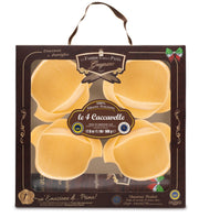 Artisanal caccavella pasta package with four golden shell-shaped pieces