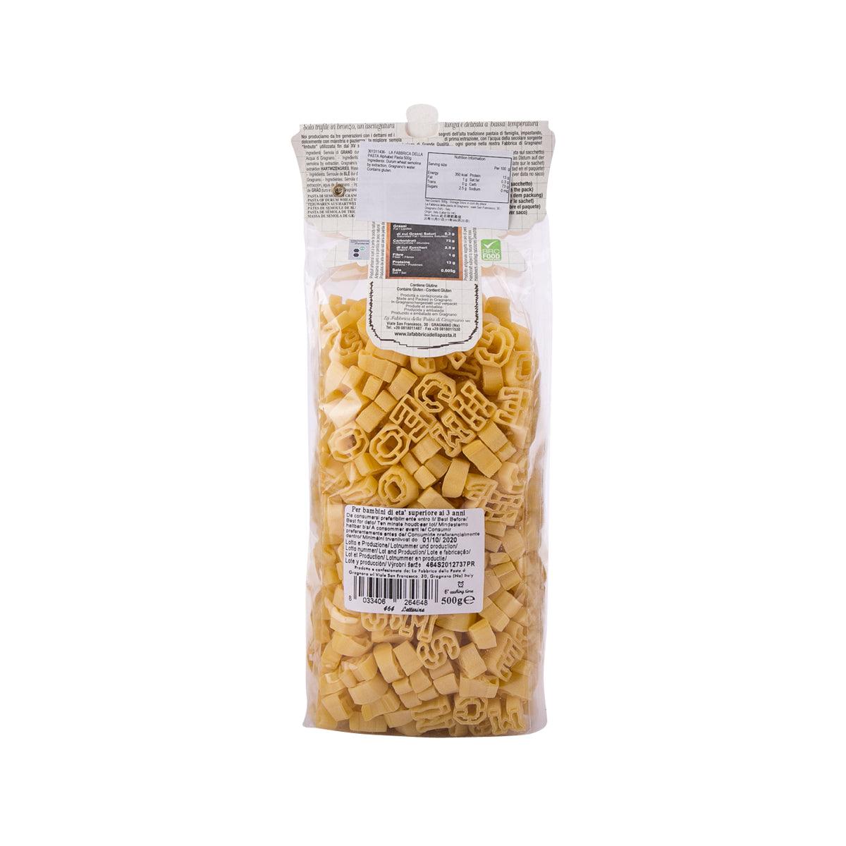 Alphabet pasta 500g bag, back label and barcode, light yellow letter shapes