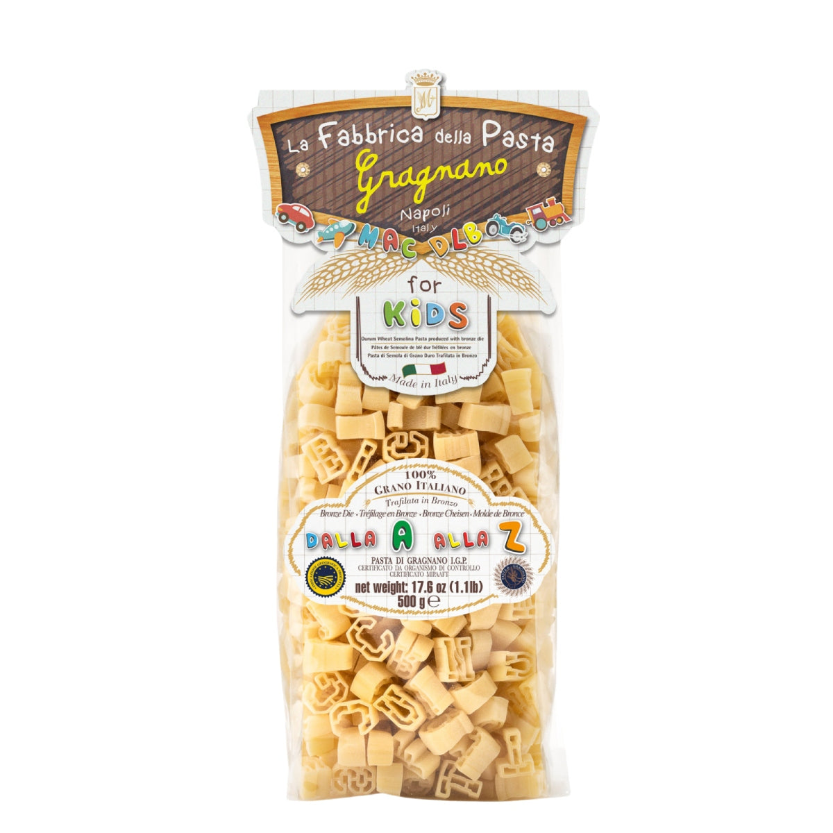 Alphabet pasta bag, 500g, kid letter shapes, light yellow pasta
