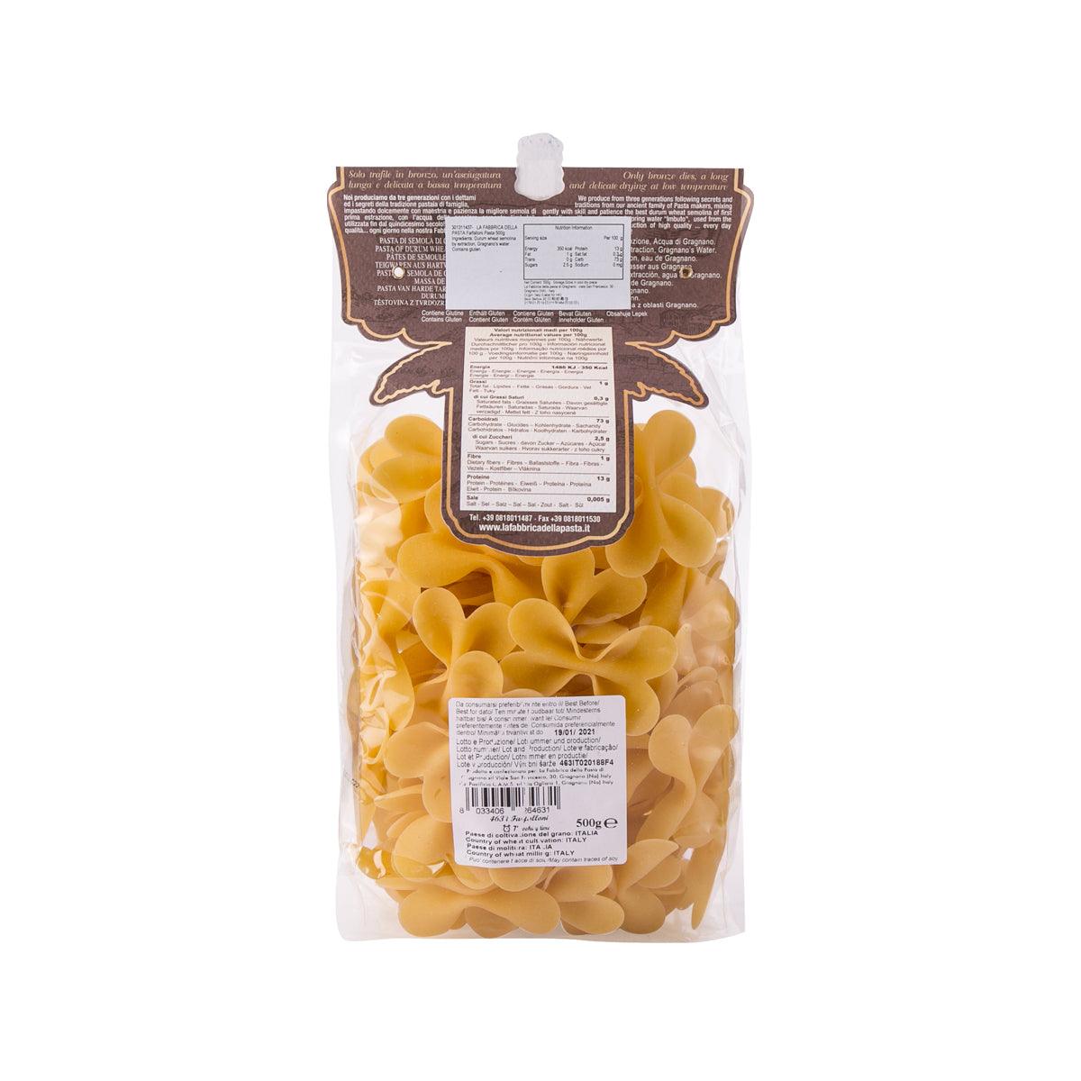Artisanal farfalloni pasta bag back with nutrition and barcode labels, 500g