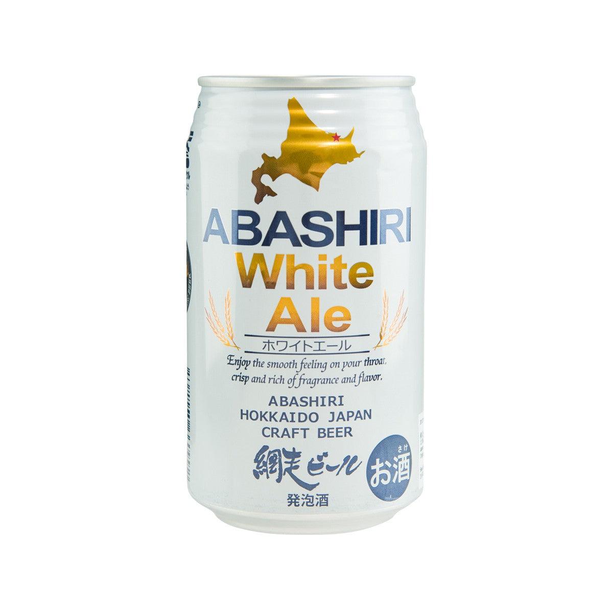 ABASHIRI White Ale beer can, white label with blue text and gold hop graphic