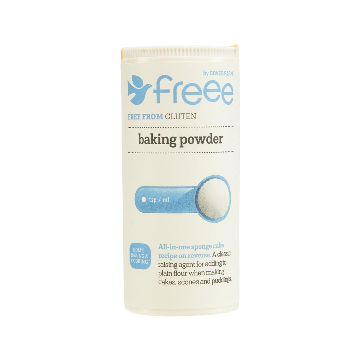 Doves Farm Freee gluten-free baking powder pouch, white and blue label
