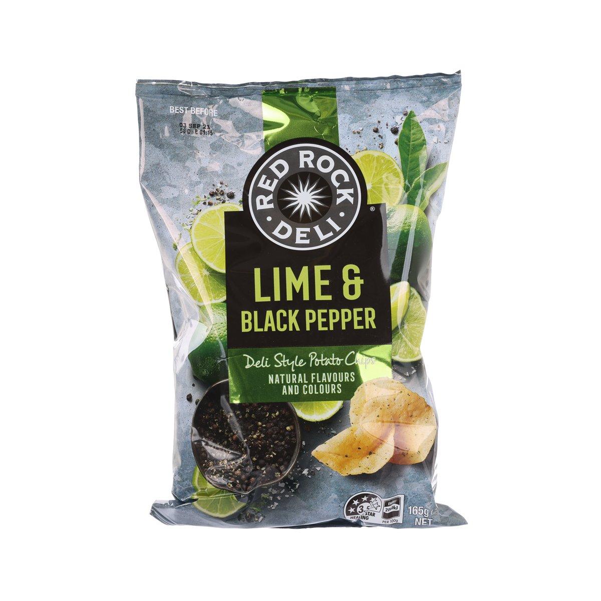 RED ROCK DELI lime & black pepper potato chips bag, 165g, green lime label