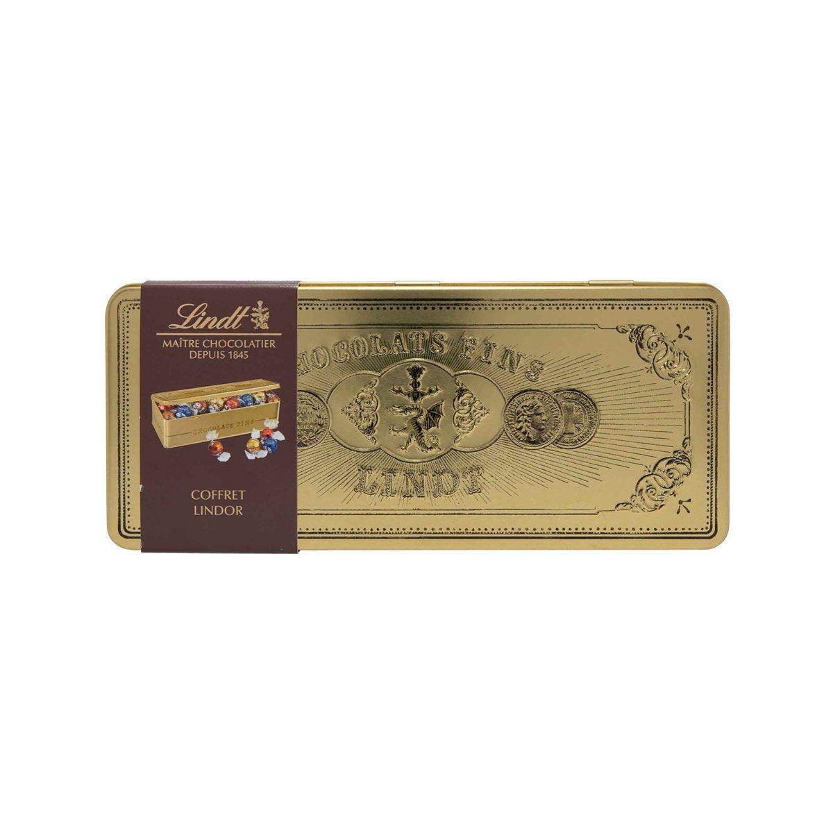 LINDT Lindor assorted chocolate balls tin gift box, gold and brown rectangular case