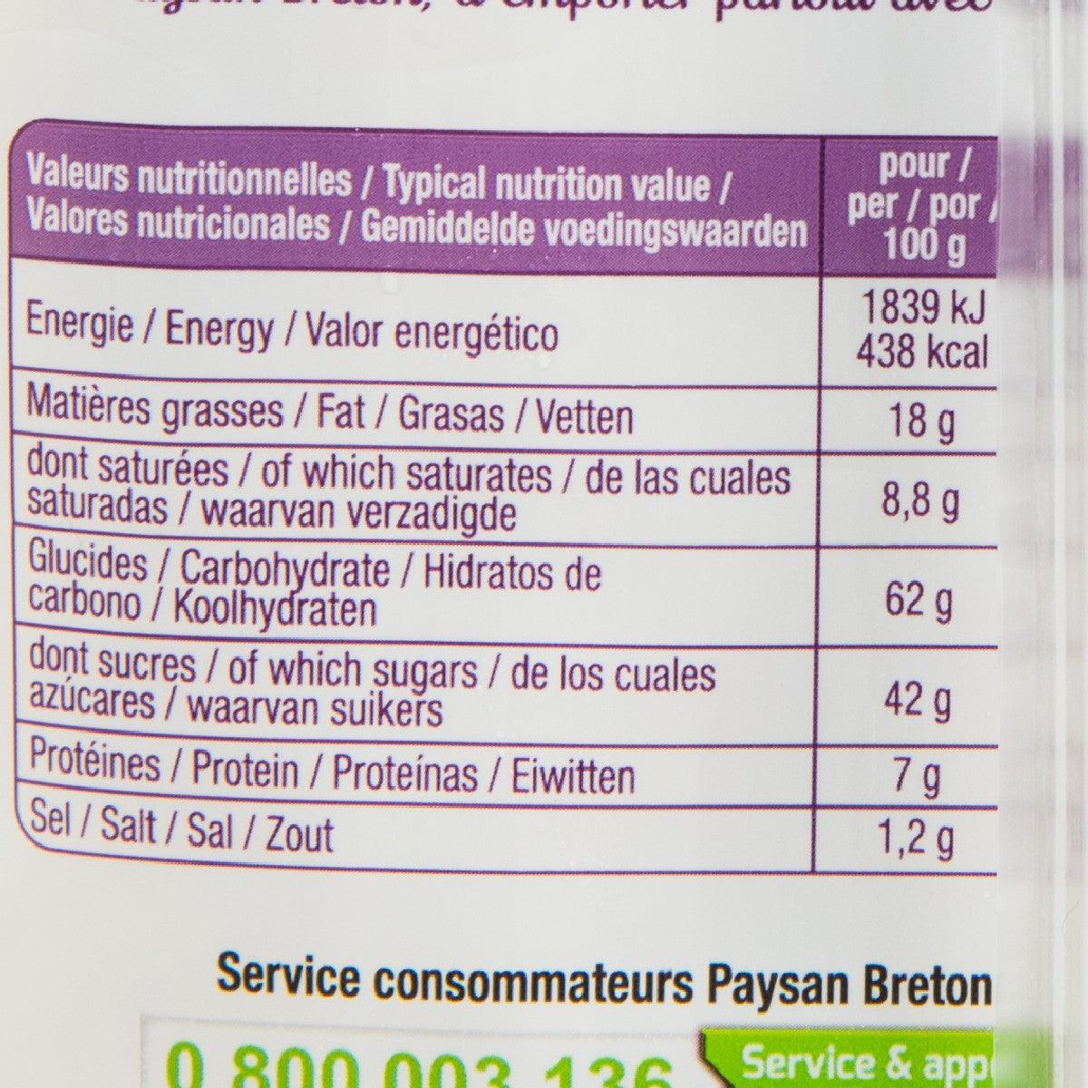 Chocolate-filled crepes nutrition facts panel on PAYSAN BRETON pouch