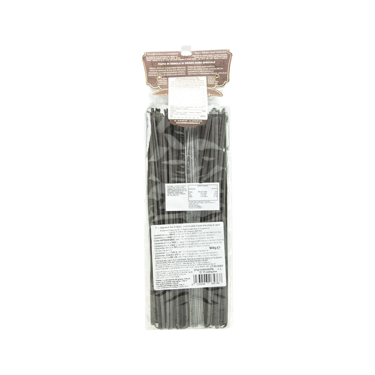 Squid ink linguine pasta 500g, back view showing ingredients and barcode label
