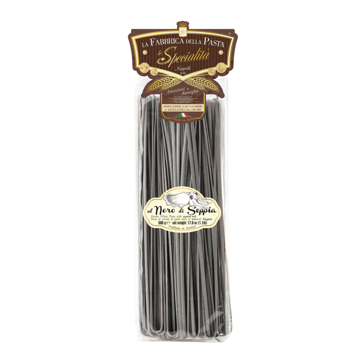 Squid ink linguine pasta 500g in retail package, dark charcoal pasta sticks visible