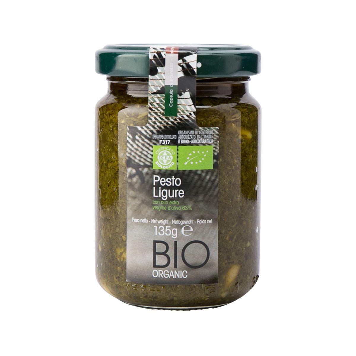 Organic pesto sauce jar, 135g, glass bottle with green lid