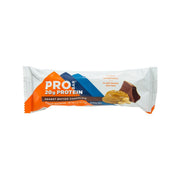 Protein bar wrapper: orange-blue, 20g protein, peanut butter chocolate