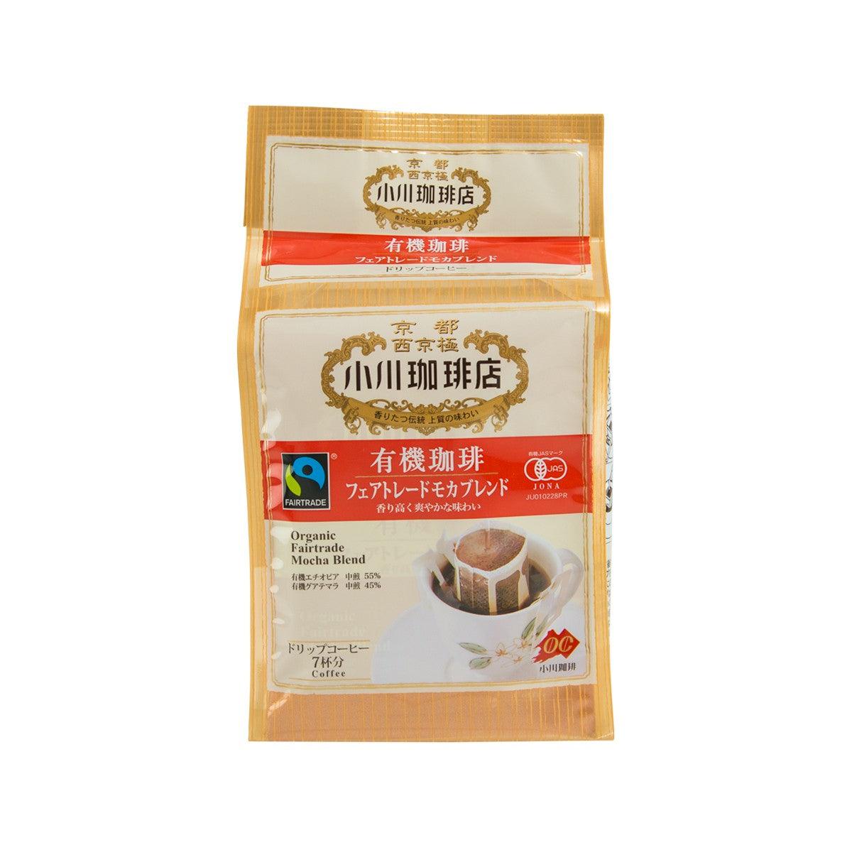 Organic mocha blend drip coffee pouch, front label and serving cup graphic