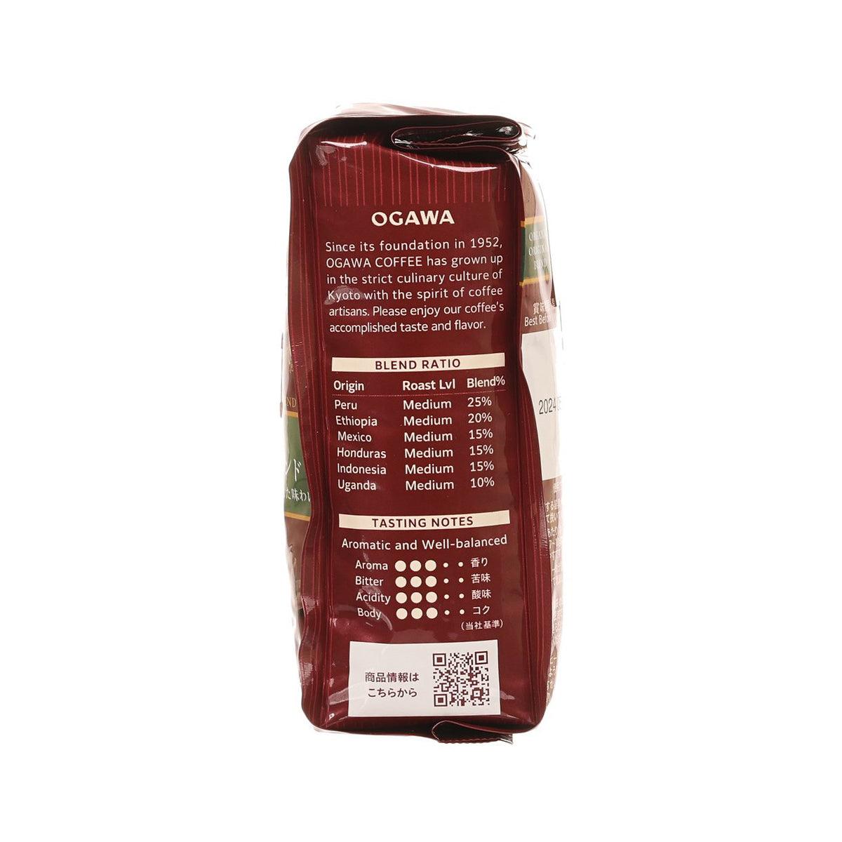 Maroon OGAWA organic coffee pouch, back nutrition and blend ration table