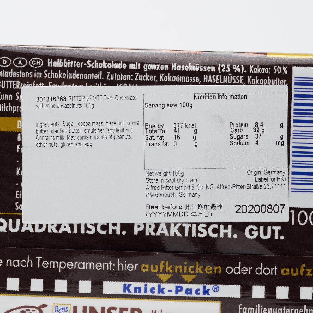 Ritter Sport dark chocolate bar ingredient and nutrition label, close-up 100 g