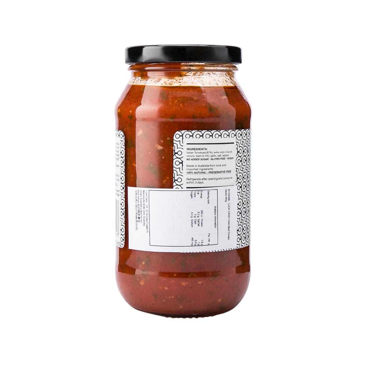 Back of fresh basil tomato sauce jar, glass bottle with black lid, label details visible