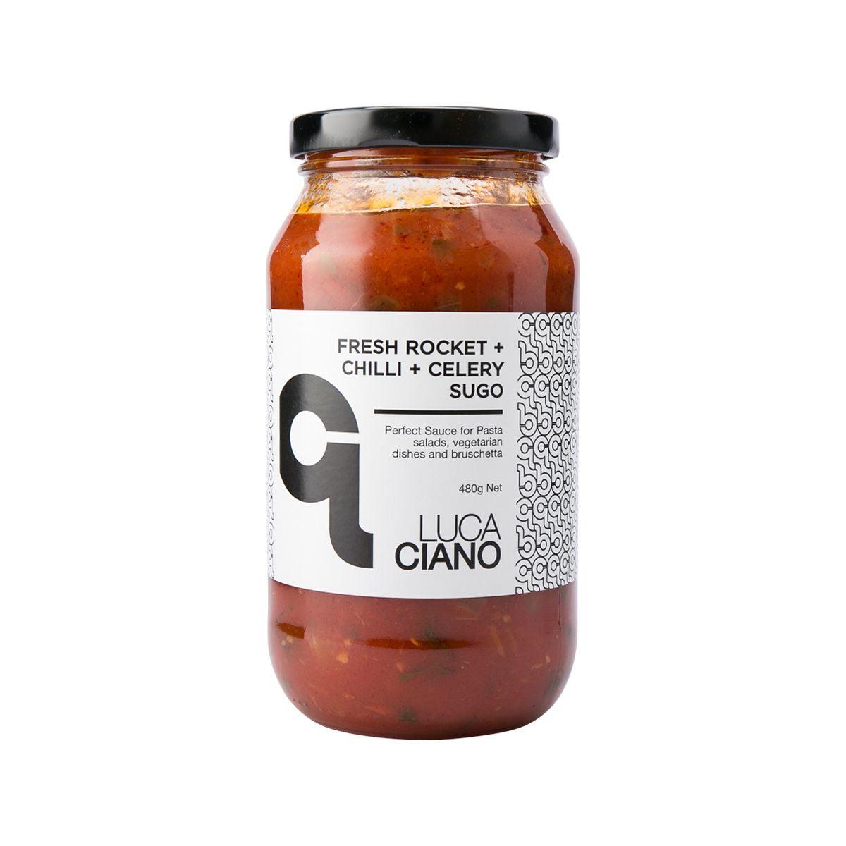 LUCA CIANO rocket, chilli & celery tomato sauce jar, 480g glass with black lid