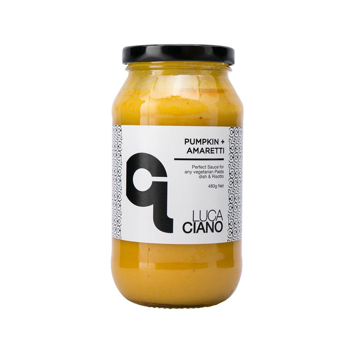 LUCA CIANO pumpkin amaretti sauce jar, 480g, yellow sauce in glass bottle