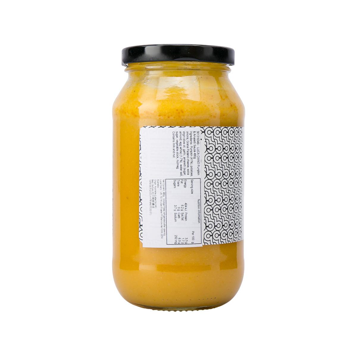 LUCA CIANO pumpkin amaretti sauce jar, 480g, rear label visible
