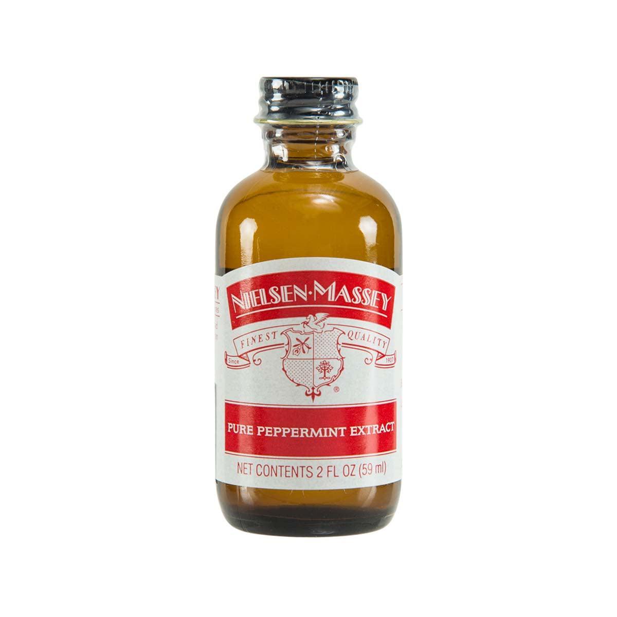 NIELSEN MASSEY pure peppermint extract bottle, 59 mL, amber glass with metal cap