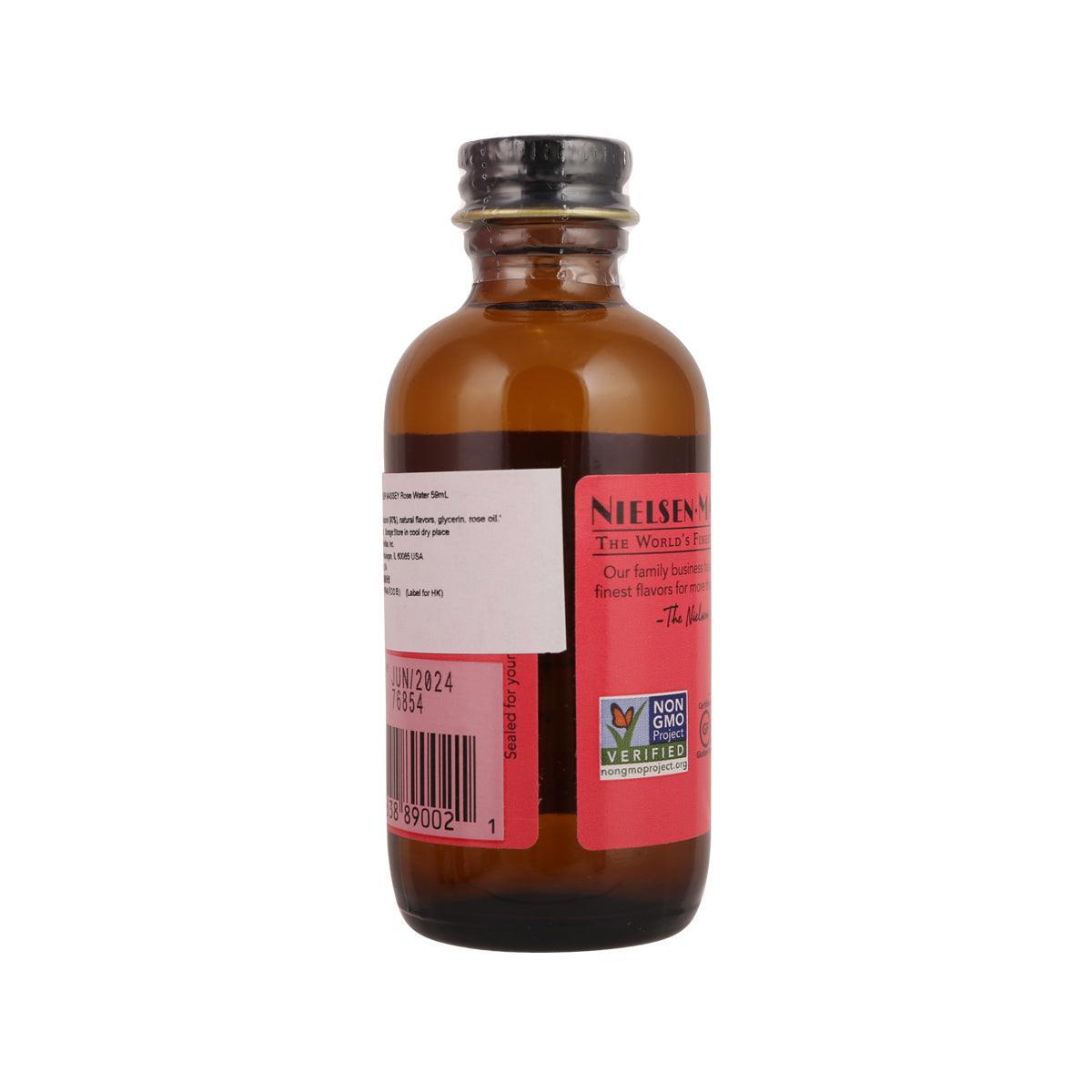NIELSEN MASSEY rose water 59 mL amber glass bottle with back label