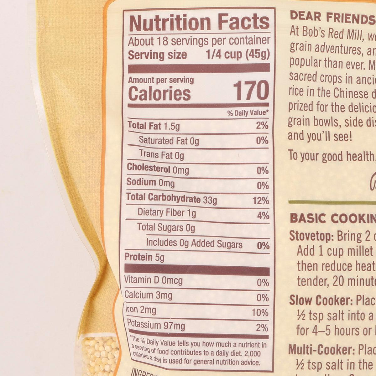 Close-up of Bob's Red Mill millet Nutrition Facts panel on the pouch