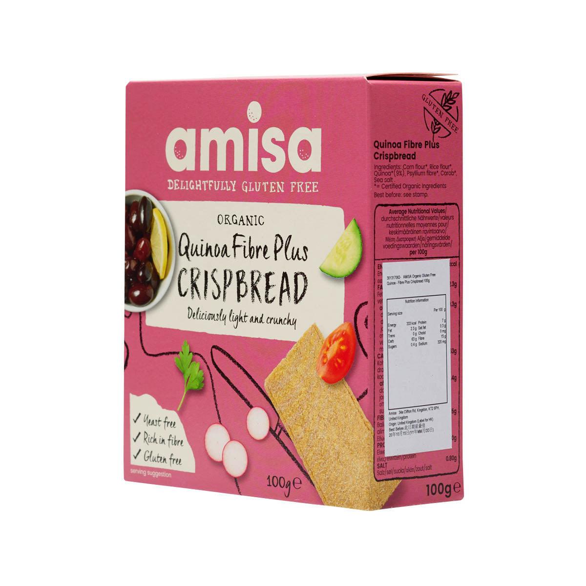 AMISA organic quinoa fibre plus crispbread box, 100g, side view