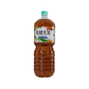 SOKENBICHA tea drink bottle, amber plastic with green cap and label