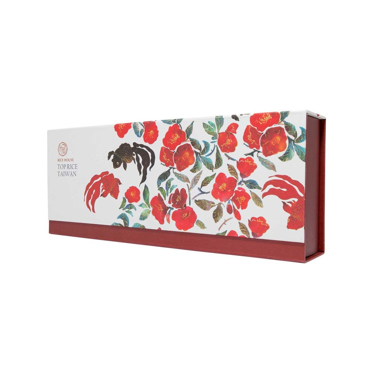 Rice gift box side view with red floral and animal graphic panel, 6 x 300g