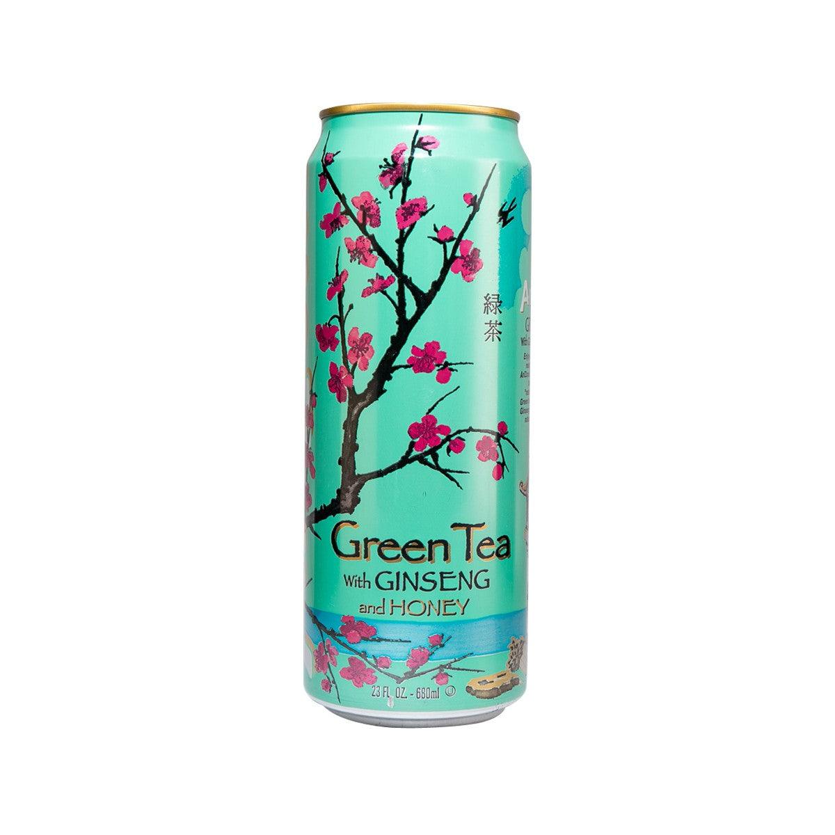Green tea drink can with ginseng and honey, turquoise design and floral artwork