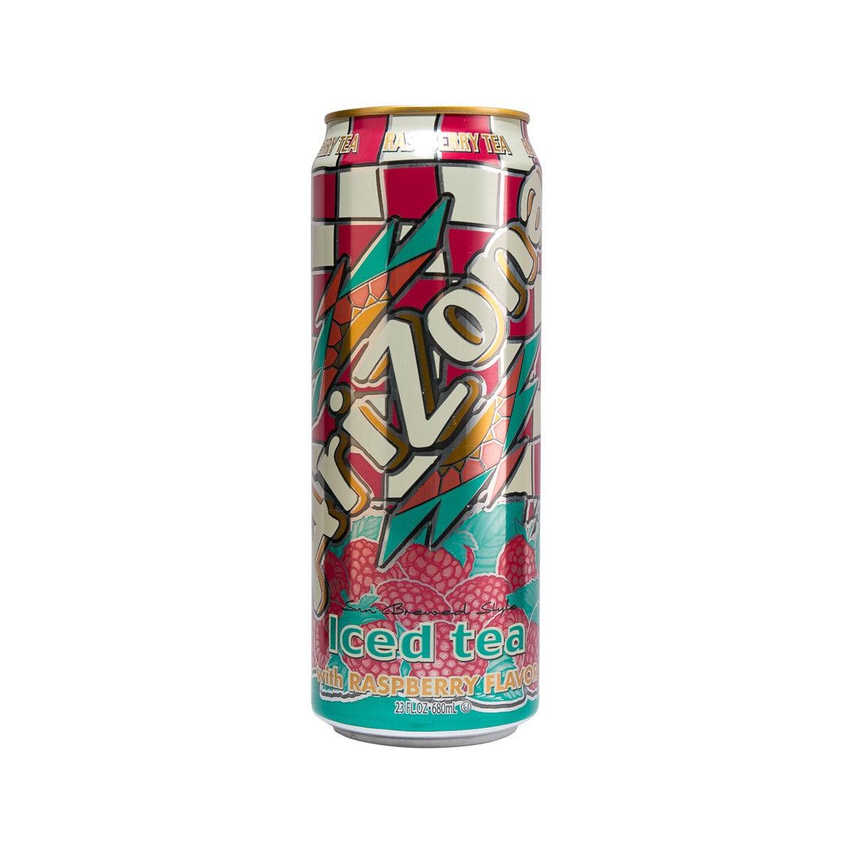 Raspberry flavored iced tea can with colorful graphic design, 650 mL