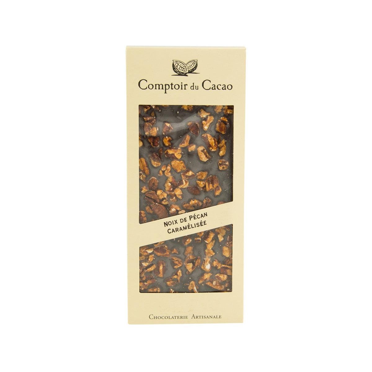 Comptoir du Cacao dark chocolate with caramelized pecan pieces, in a slim box