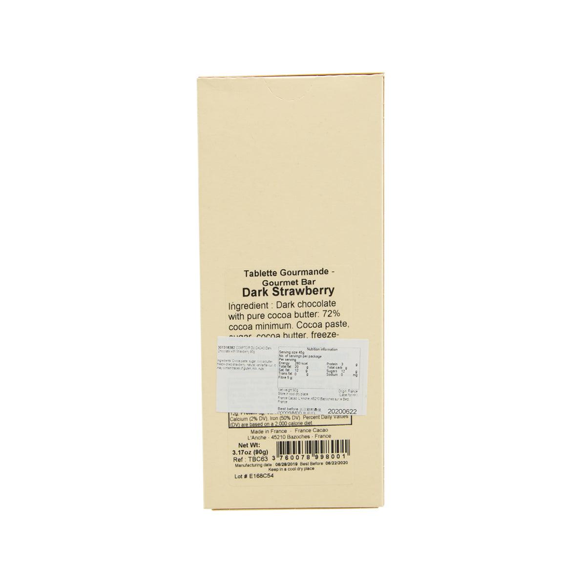 COMPTOIR DU CACAO dark chocolate with strawberry bar, back of beige box with label