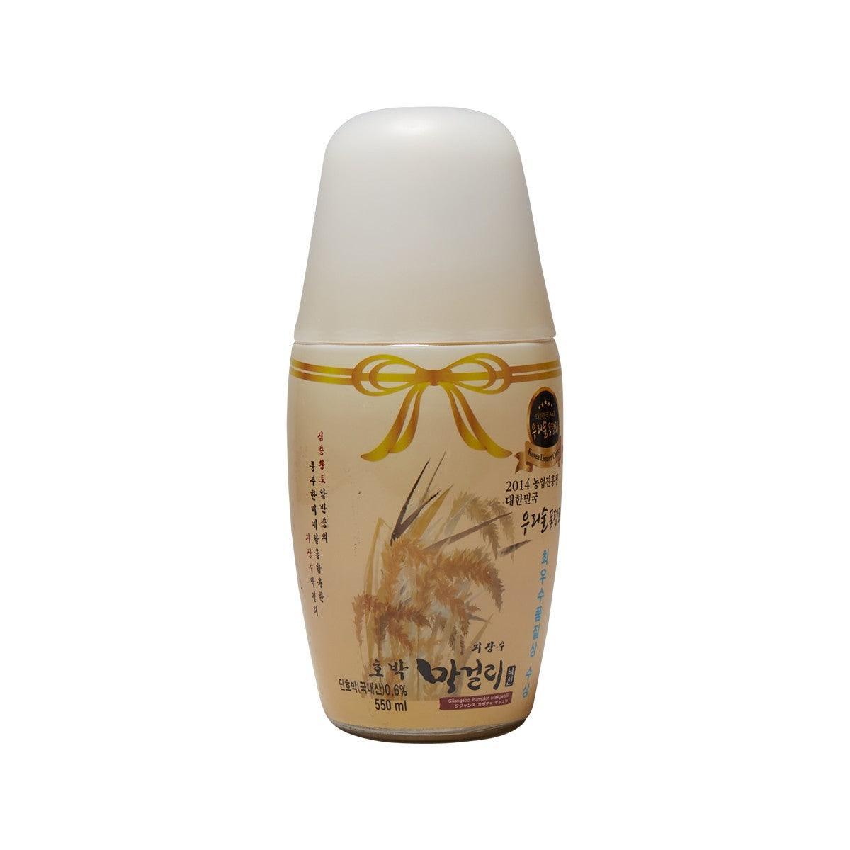 Pumpkin makgeolli bottle with white cap and beige label, 550 mL