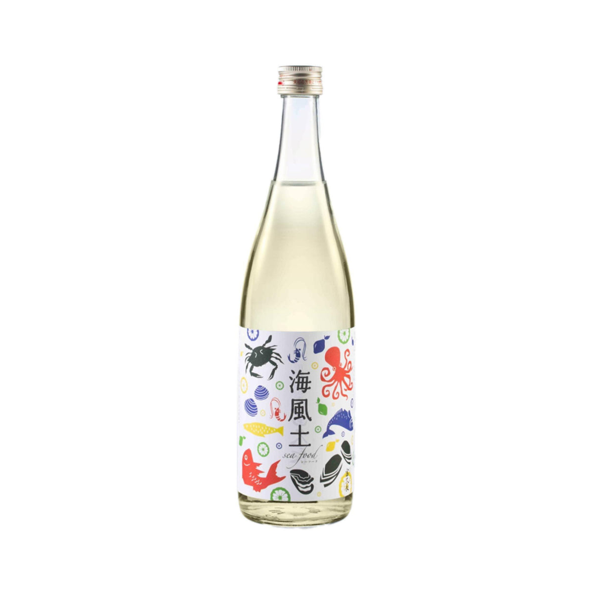 Sake bottle with pale yellow liquid and colorful illustrated label, metal cap