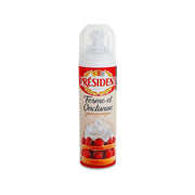 PRESIDENT aerosol cream can, beige label with pastry and strawberries artwork