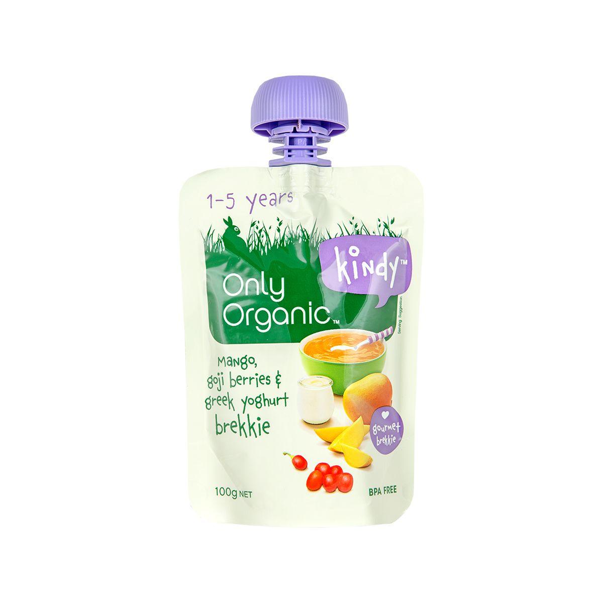 Only Organic mango, goji berries and Greek yoghurt pouch with purple flip-top lid