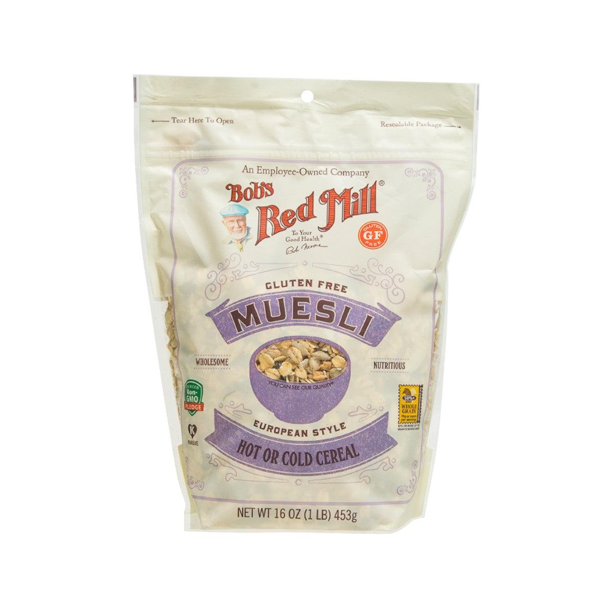 Gluten-free muesli pouch, European style, front label with brand and serving info