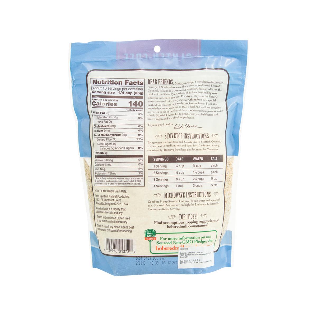 BOB'S RED MILL gluten-free Scottish oatmeal pouch back panel with nutrition facts