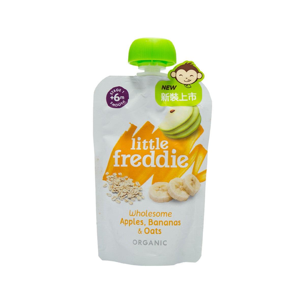 Organic fruit and oat baby food pouch with green flip-top cap